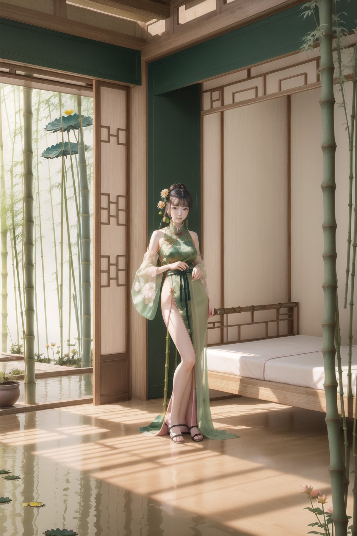 ((1girl)),solo,kneelon a bamboo mat bed in garden,thin hanfu,foggy,(curtain),(bamboo forest:1.2),tiles roof,translucent si...